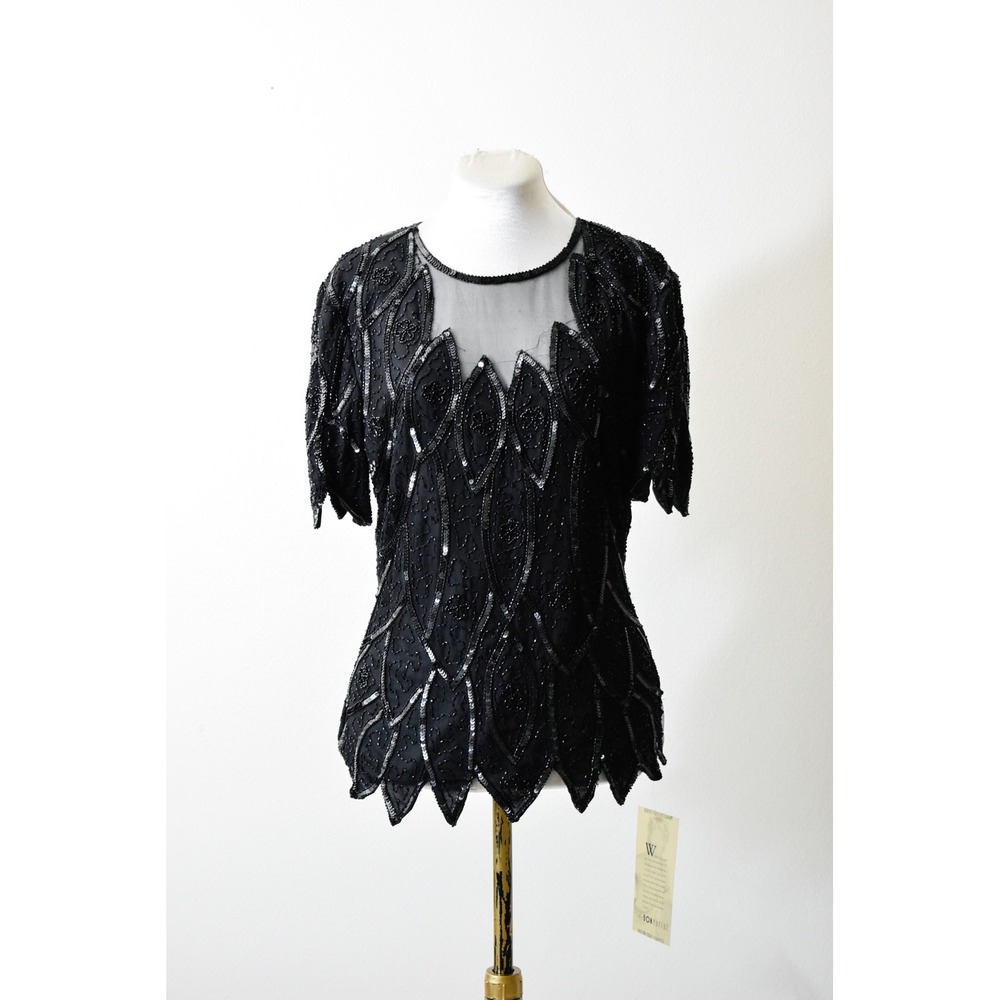 Stenay Beaded Silk Top Women S Black Vintage Sequin Scalloped Art Deco‎ Evening